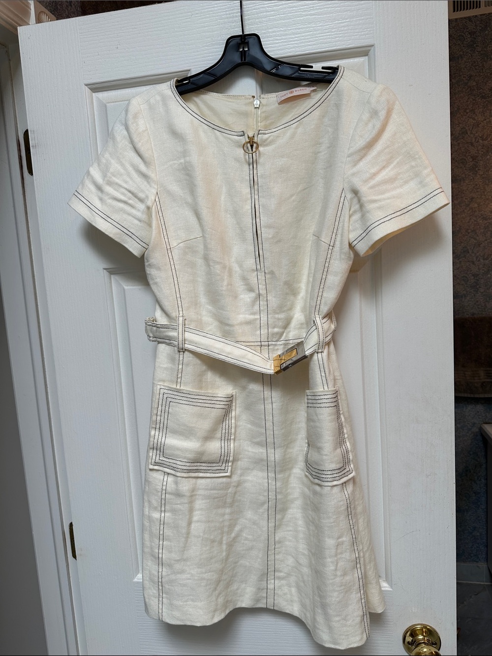 Tory Burch Women’s Cream Short Sleeve Belted Shift Dress